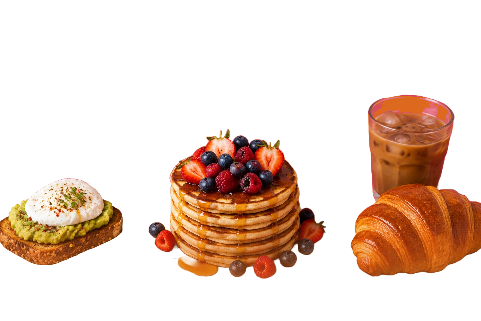 Tartine d'avocat avec œuf poché, pile de pancakes aux fruits rouges, croissant doré et café glacé.
