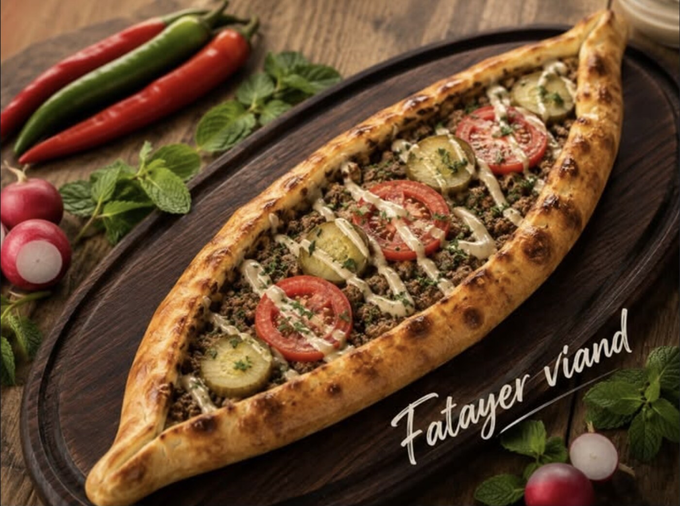 Fatayer viande, pâte dorée garnie de viande hachée, cornichons et tomates