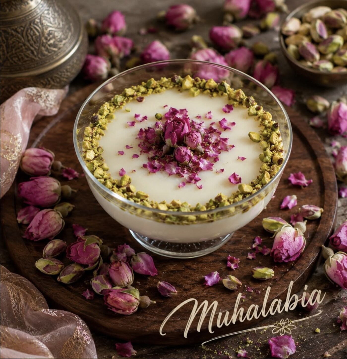 Muhalabia, pudding au lait et fleur d'oranger, pétales de rose et pistaches